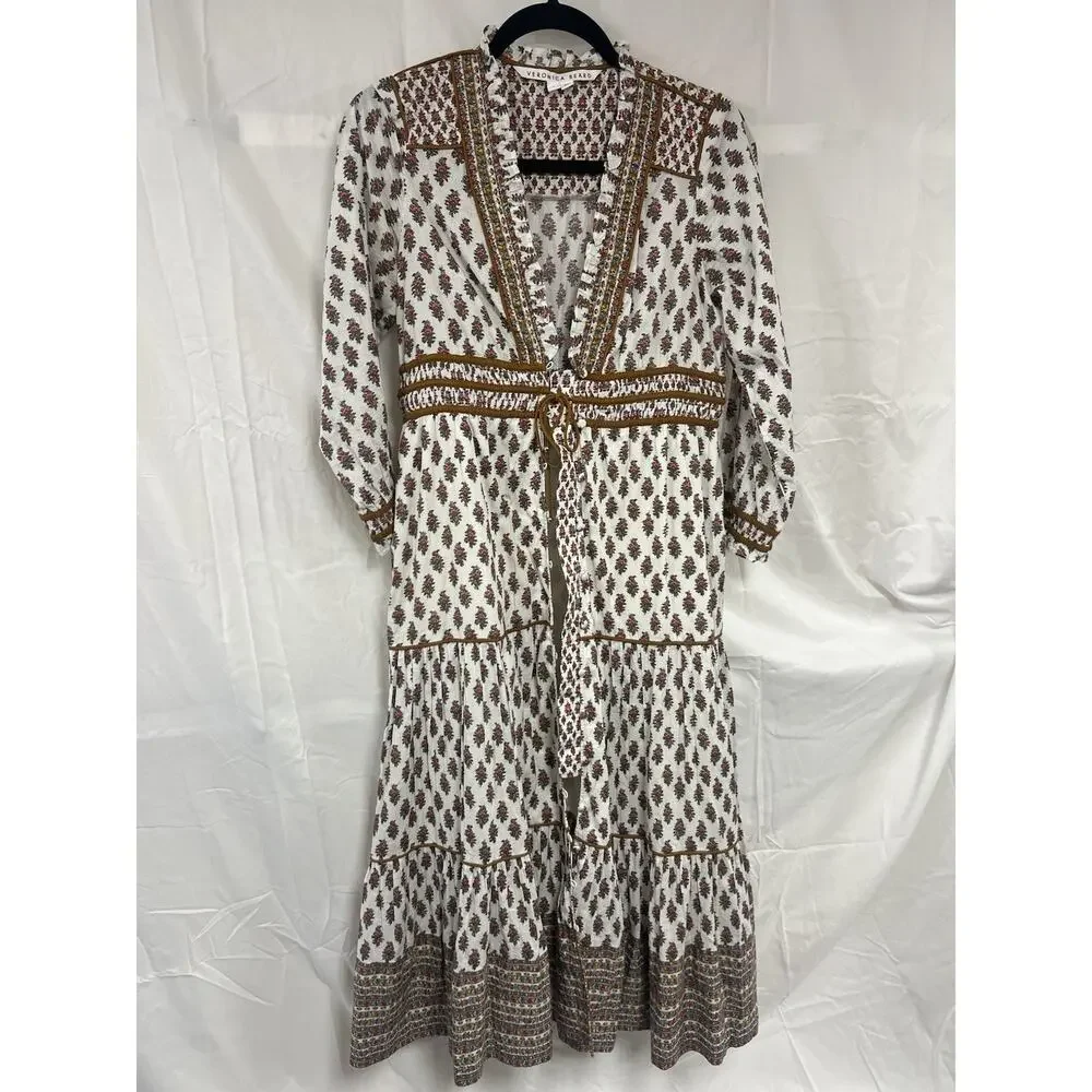 Veronica Beard Midi Dress Alessandra 0 XS White Floral Block Print Boho Cotton